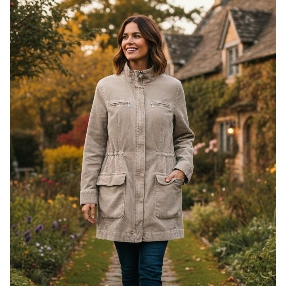 J.Jill Corduroy Coat Jacket Womens Small Tan Stretch Long Full Zip Outdoor Chore